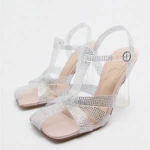 Zara NWT vinyl heeled caged sandals. Square toe.  Buckle closure. 4 inches heel